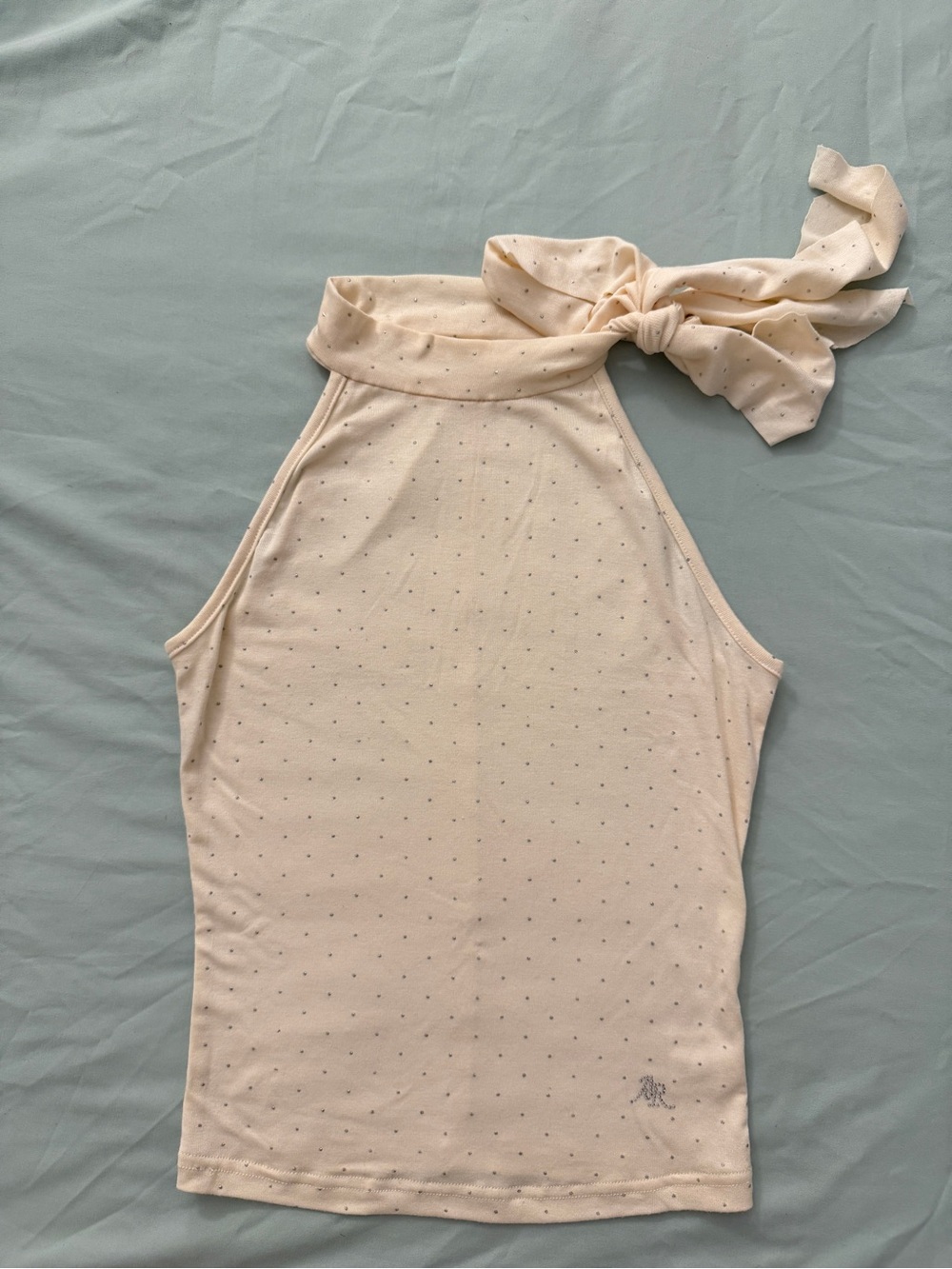 Cream Halter Tie-Neck Tank with Tiny Polka Dot Detail